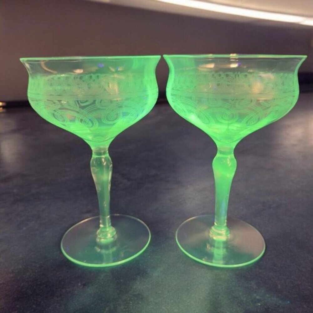 Antique French Glasses Needle Etched Green UV Manganese 365nm Set 2 Drink Cups